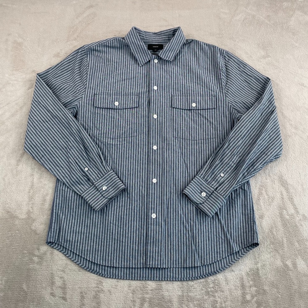 VINCE Railroad Stripe Cotton Shirt Men Large Grey Multi Double Patch Pocket NWOT